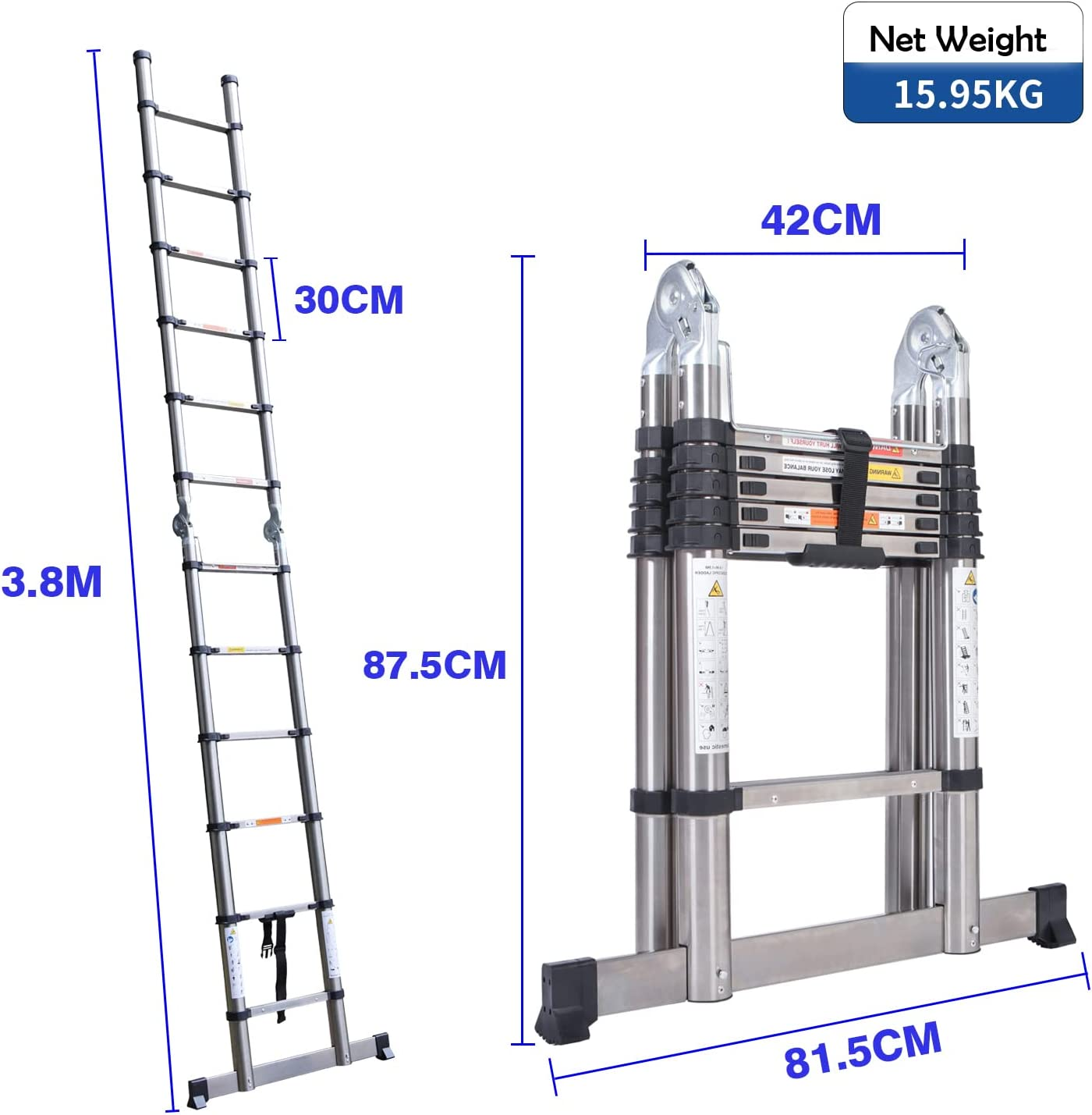 3.8M Telescopic Ladder Stainless Steel Heavy Duty Max Capacity up to 330lbs150kgs with Stabilizer Bar Extension A Frame Ladder 1.9+1.9M