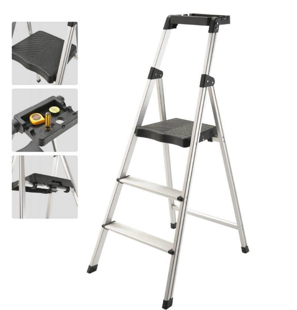 Supply black tool tray folding household aluminium 3 steps ladder