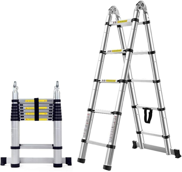 Double telescopic ladder with hinge